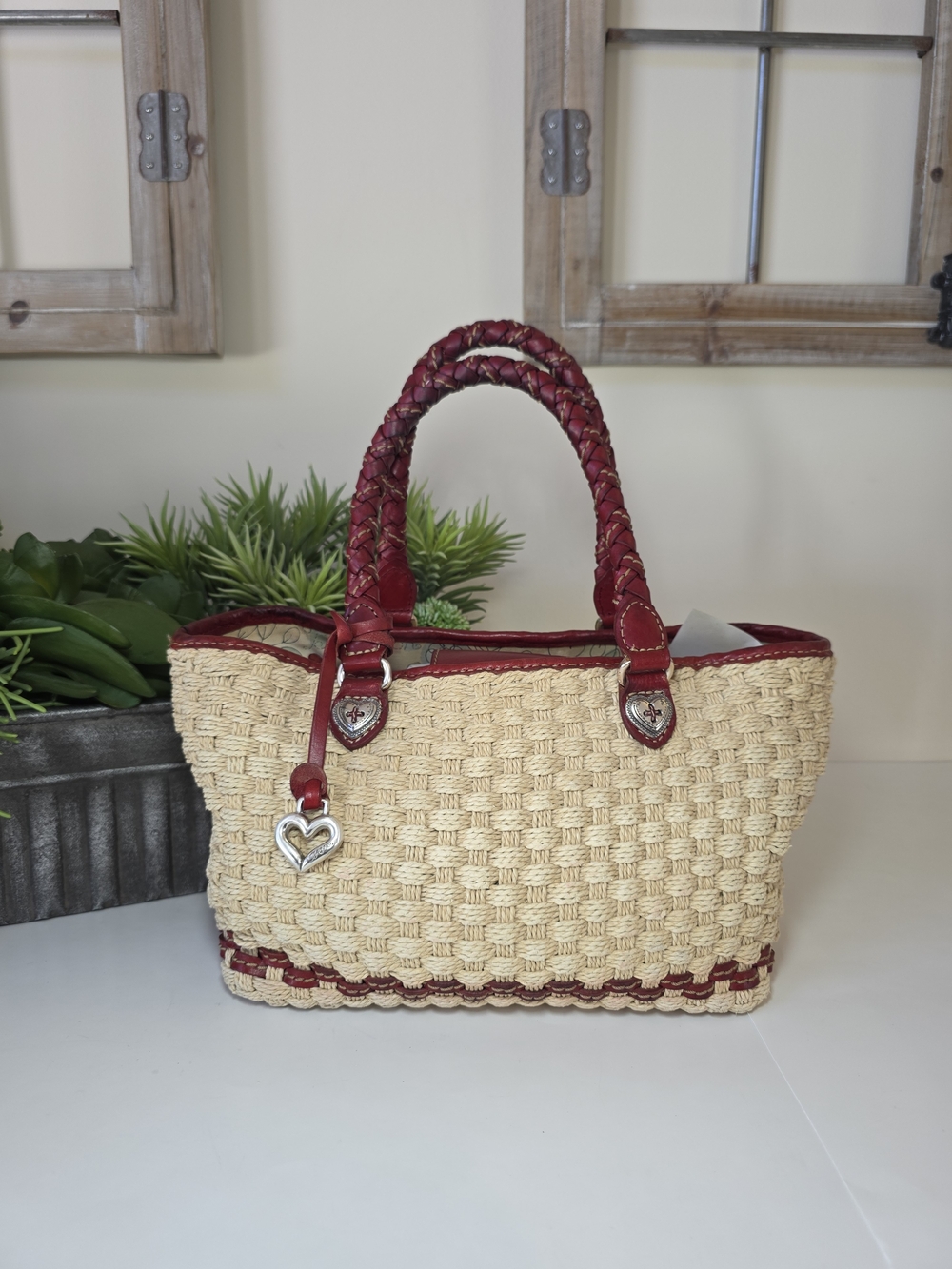 Brighton Peggy Straw & Leather Tote Bag Cream Woven Straw Red Leather Trim Charm